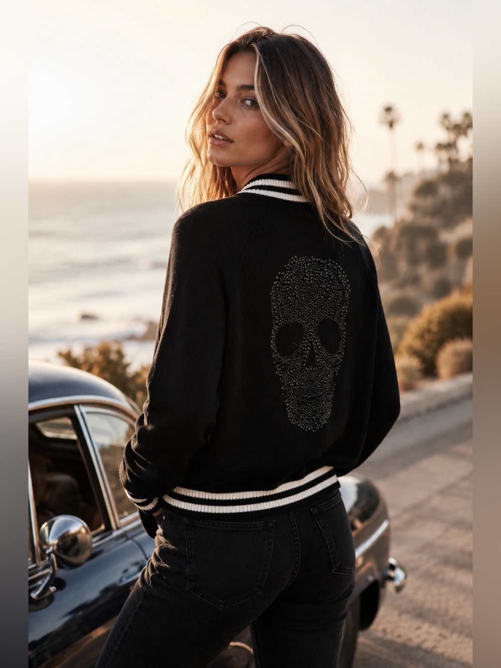 27 Miles Malibu Kiki Skull Cashmere Bomber Sweater XS Black Rhinestone Jacket